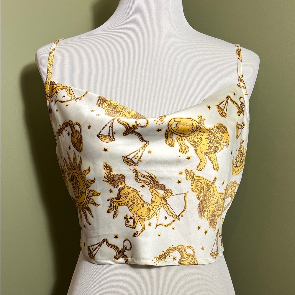 Zodiac Print Satin Crop Top